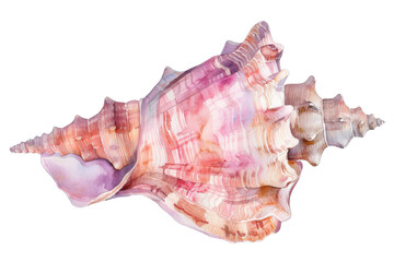 Watercolor painting of a shell with a pink and white pattern. Isolated on transparent background.