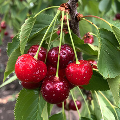 Wall Mural - A closeup of red cherries hanging from the branches, surrounded by green leaves and wet with water droplets after rain in an orchard setting. 