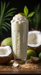 Wall Mural - Coconut milk shake glass with fresh sliced coconut and straw