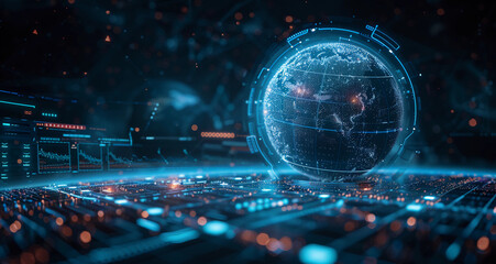 Wallpaper image of a digital world globe, concept art of technology, data transfer and connectivity