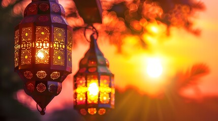 Eid mubarak cards: a celebration of Eid-ul-Adha centered around Arabic ramadan lanterns, cultural decorations, and Islamic holiday festivities