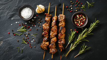 Wall Mural - Juicy Kebabs - grilled meat skewers, on dark background with spices, herbs and sauce. Top view. shashlik, charcoal-grilled kebab, grilled skewer, cut steak skewers. Restaurant menu