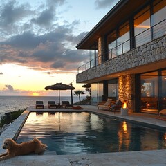 Canvas Print - luxury villa at sunset a couple of people by the pool a dog