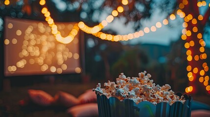 Wall Mural - Outdoor movie night with a projector screen, popcorn, and comfy seating, string lights wrapped around trees, blurred background