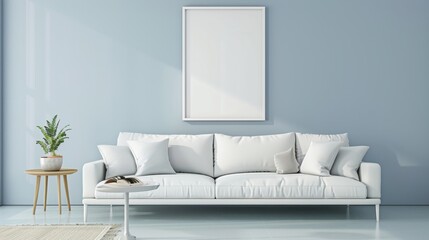 Wall Mural - A minimalist living room with a white frame with copy space on a light blue wall, near a low-profile sofa and coffee table.