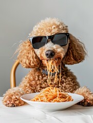 Canvas Print - Portrait of a poodle wearing sunglasses and eating pasta from a plate, sitting upright with paws on the table