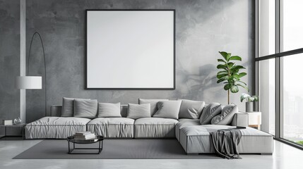 Wall Mural - A contemporary living space with a large black-and-white frame with copy space on a grey wall, near a sectional sofa and modern decor.