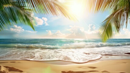 Wall Mural - Summer background with frame, nature of tropical golden beach with rays of sun light and leaf palm. Golden sand beach close-up, sea water, blue sky, white clouds. Copy space, summer vacation concept.