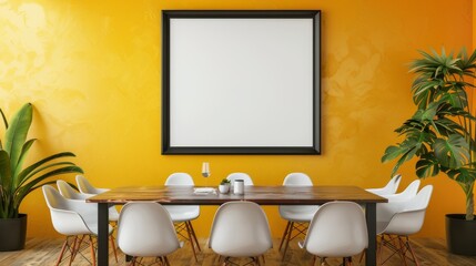 Wall Mural - A stylish dining room with a rectangular black frame with copy space on a bold yellow wall, near a wooden dining table and modern chairs.