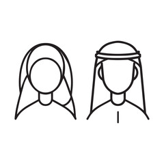 Islamic men and women icon character outline. Arabic vector design.