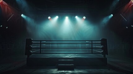 Wall Mural - An empty professional boxing ring in the dark, illuminated by a spotlight. Sport background