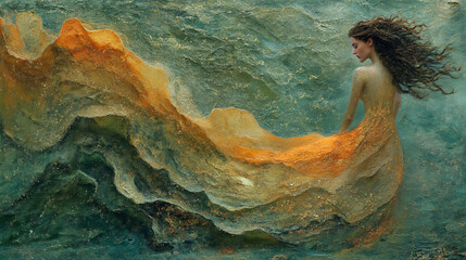 Wall Mural - painting of a woman in a flowing dress standing in front of a wave