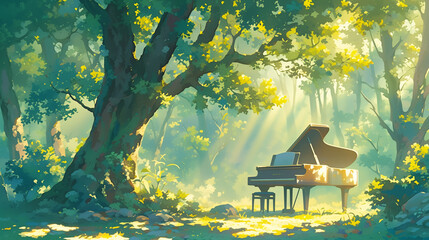 a view of the piano alone in the sunlit forest