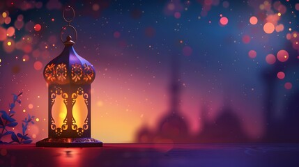 Wall Mural - 
Modern Islamic holiday banner suitable for Ramadan, Raya Hari, Eid al-Adha and Mawlid. A lit lantern on an evening background. Product podium.