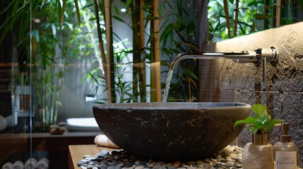 Wall Mural - A spa-like bathroom features a waterfall-style water tap over a wide stone sink, surrounded by bamboo plants and pebble tiles. It's a peaceful, natural retreat for relaxation and rejuvenation. 