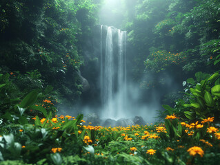 there is a waterfall in the middle of a lush green forest