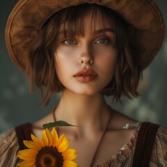 Beautiful young woman with short shoulder-length hair Wear a white t-shirt Brown overalls and a BOATER hat and a sunflower in his hand. - 1