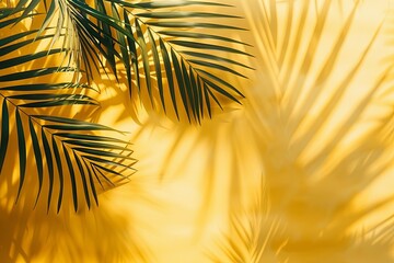 Canvas Print - Top view of tropical palm leaf shadow on a warm yellow background.