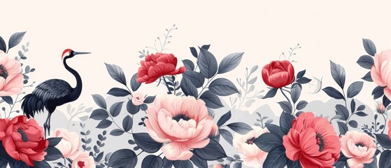 Wall Mural - In this contemporary seamless pattern, peonies and cranes are illustrated in a vintage style. Abstract illustration.