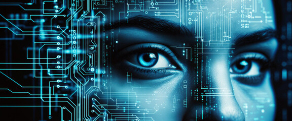 Wall Mural - Future woman portrait inside electronic cyberspace digital technology communication concept