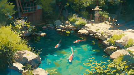 Wall Mural - Beautiful garden pond scenery with koi fish, carp