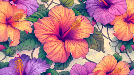  Vibrant Tropical Hibiscus Flowers Digital Art Illustration