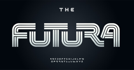 Poster - Bold techno typeface, heavy geometric letters in lines style with metal effect, sleek modern logo, sci-fi digital typography, retro-futuristic design, cosmic futurism aesthetic. Vector typeset.