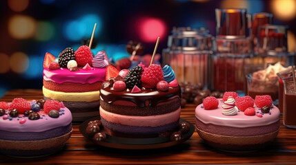 Poster - Chocolate dessert with raspberry and blueberry, cheesecake with fresh berries, nuts and caramel