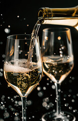 Wall Mural - Two glasses of champagne with a bottle on a dark background