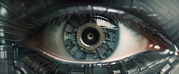 High-tech 3D squares assembling into a dark, minimalist robotic eye,
