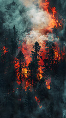 Canvas Print - Aerial view of a pine forest fire with flame and smoke