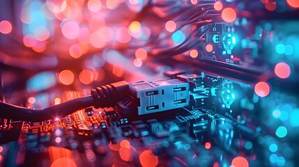 Wall Mural - close-up of network cables with a fiber optical background, highlighting the critical infrastructure