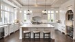 © naphat - Spacious European style kitchen with sleek white cabinets, a large kitchen island, and hardwood floors