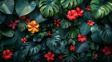 Wall Mural - A jungle foliage arrangement with bush flowers