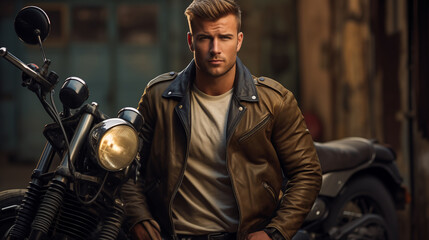 Wall Mural - A 1960s male model wearing a classic leather jacket and jeans, leaning against a motorcycle