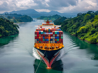 Wall Mural - Large cargo ship slowly navigating through the Panama Canal, surrounded by lush greenery and hills.