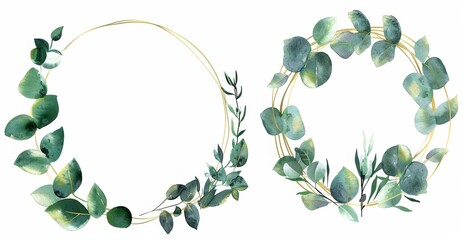 Wall Mural - A set of gold and green watercolor floral wreaths
