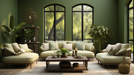 interior design of bohemian style living room. Green white color theme 