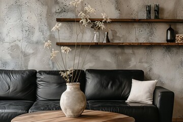 Rustic Modern Living Room Interior Design With Black Leather Sofa and Dried Flowers in a Vase