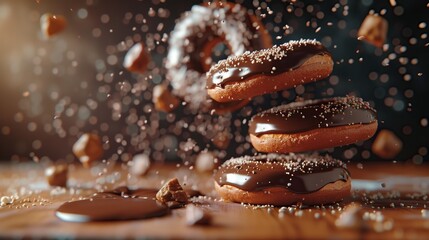 Wall Mural - Delicious Chocolate Donuts Frosting Freshly Baked Food Bursting with Flavor, Culinary Marketing Background, Restaurant Bakery Cafe Business Backdrop, Organic Vegan Snack Homemade Vegetarian Treat