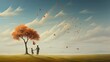 © yailek - A serene painting depicting a parent and child holding hands under an autumn tree with leaves gently blowing in the wind.
