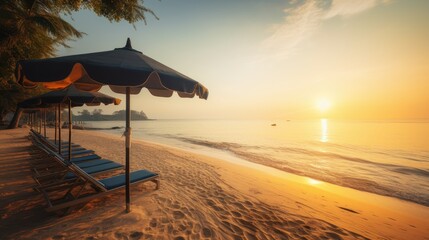 Wall Mural - Beautiful sunset beach, sun lounger and umbrella on a sandy beach by the sea