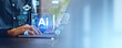 © ImageFlow - Man hands typing on laptop, glowing ai hologram on computer screen. Copy space