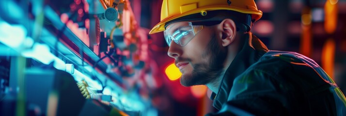 Wall Mural - electrician and engineer work on an electrical circuit with many cables for communication and data transfer