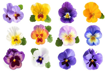 Viola pansy flowers collection isolated on white background