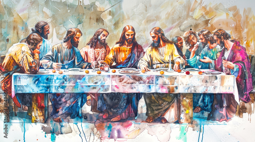 A contemporary watercolor painting depicting Jesus and his disciples ...