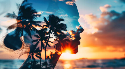 A womans silhouette is superimposed with a dreamlike image of palm trees and sunset, creating a visually evocative and contemplative piece