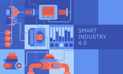 Wall Mural - Industry abstract background. Robotic arms and machine tools of automated factory flat color design. Digitization of manufacture with AI technology creative cartoon collage. Vector illustration