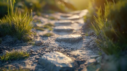 Wall Mural - Sunny Cobblestone Path in Lush Greenery at Golden Hour
