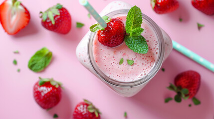 Sticker - A strawberry smoothie or milkshake in a mason jar, garnished with mint, on a pink table. Healthy food option for breakfast or snack